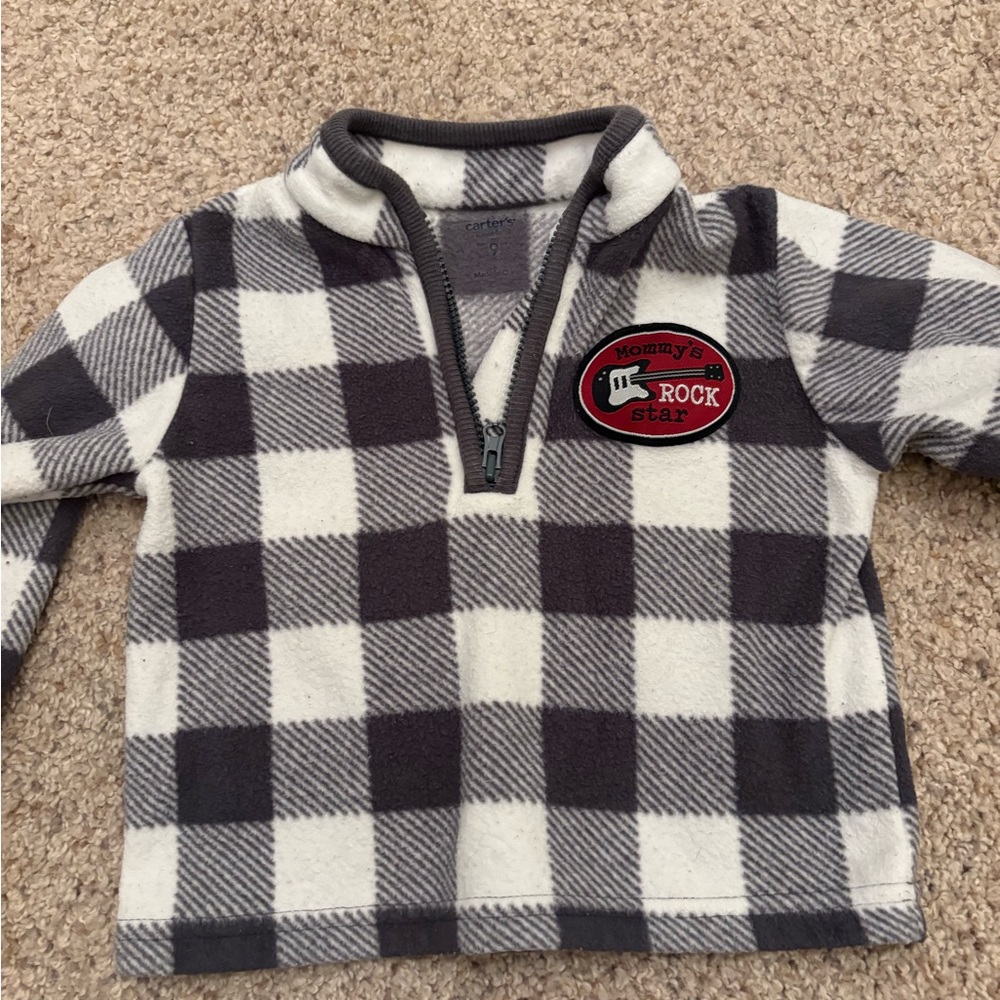 Carters Baby Boy 9 Month Fleece Quarter Zip Long Sleeve Checked Top